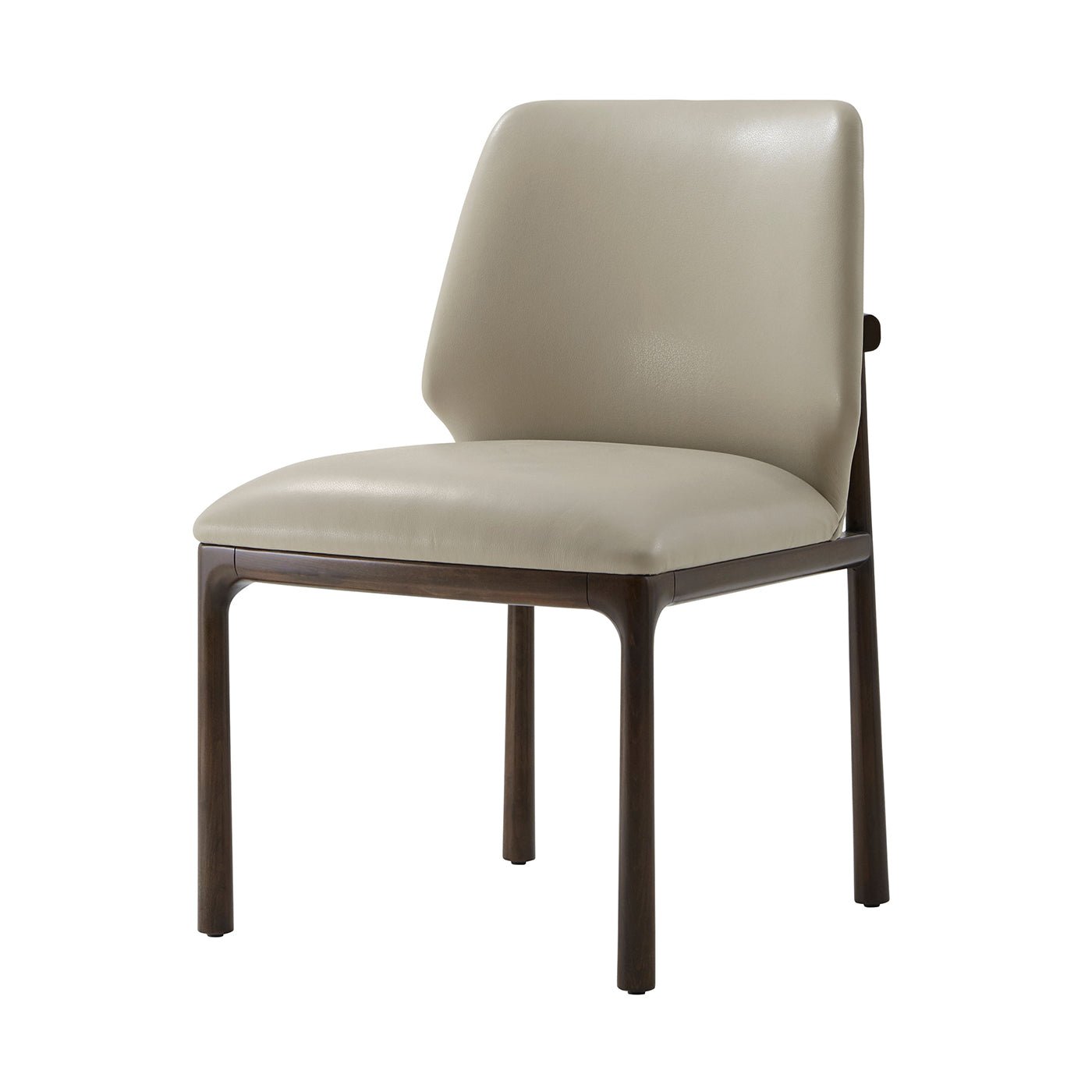 Beige leather dining side chair, three-quarter front view.