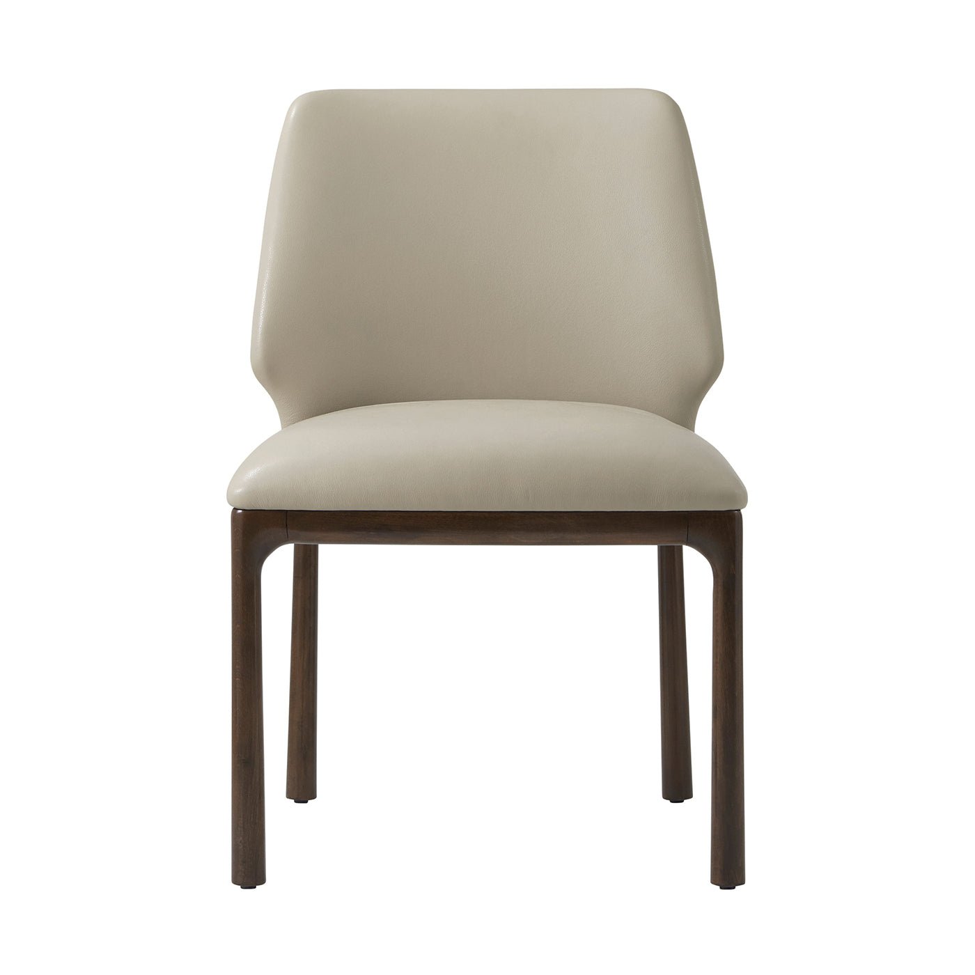 Beige leather dining side chair, front view.
