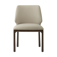 Beige leather dining side chair, front view.