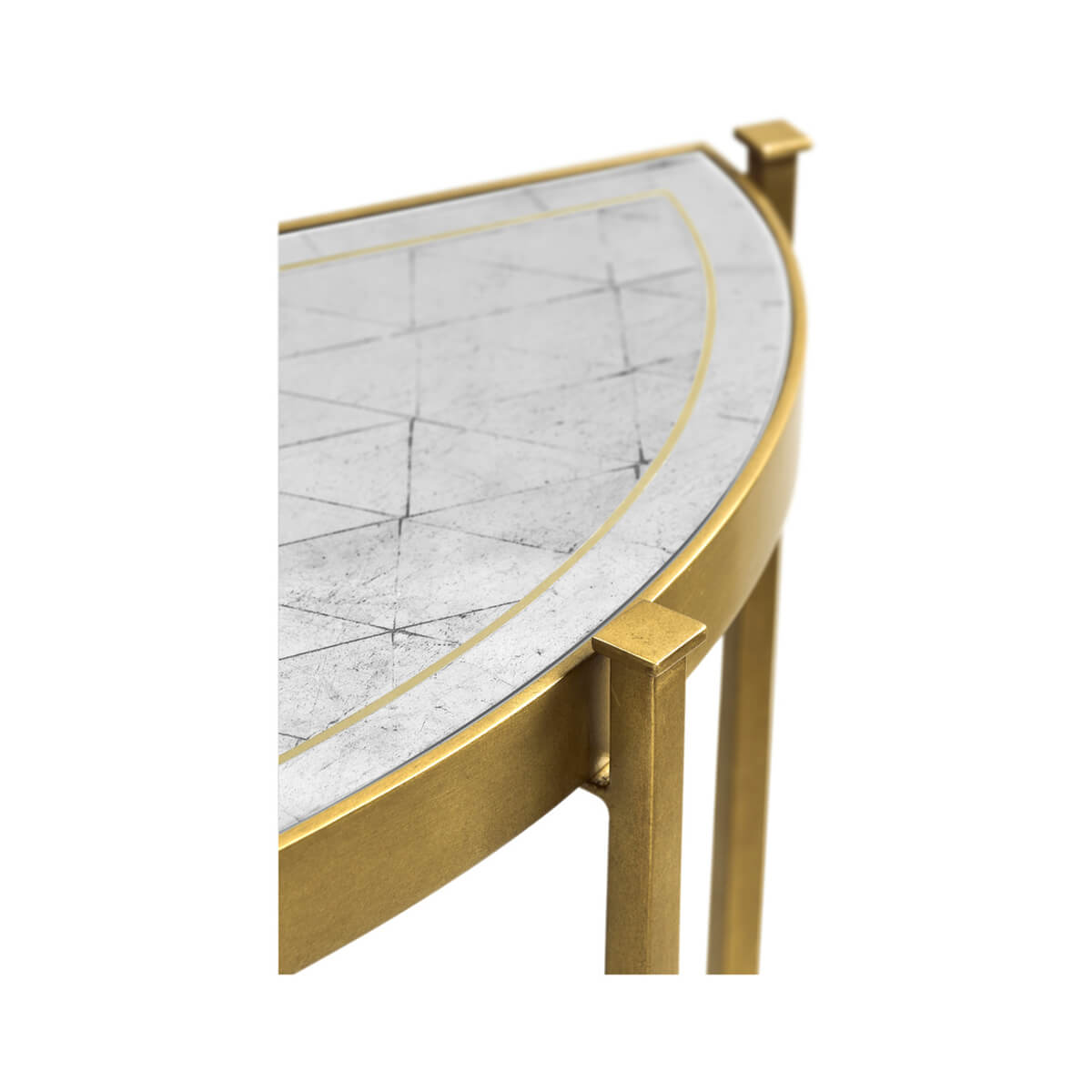 Close-up of console table marble top with gilt details.