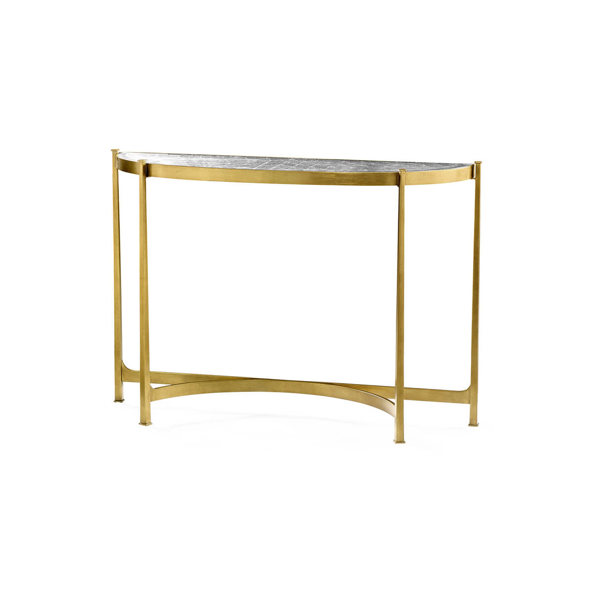 Semi-circle console table with gilded frame, side view.
