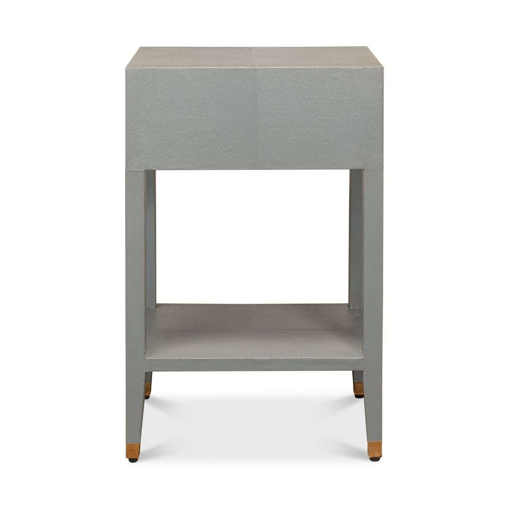 Back view of Art Deco grey nightstand.