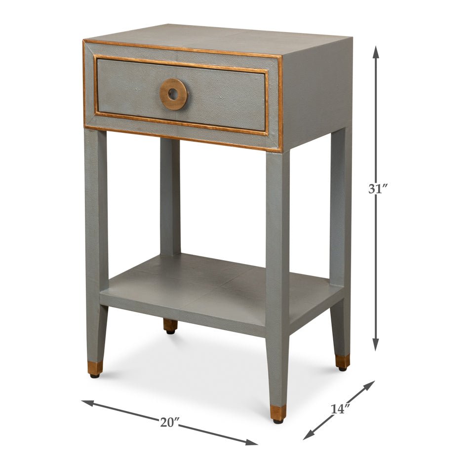 Dimensional view of Art Deco grey nightstand.
