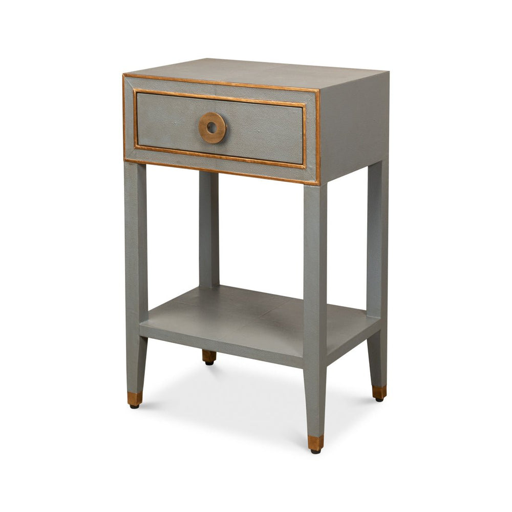 Art Deco grey nightstand with drawer and shelf.