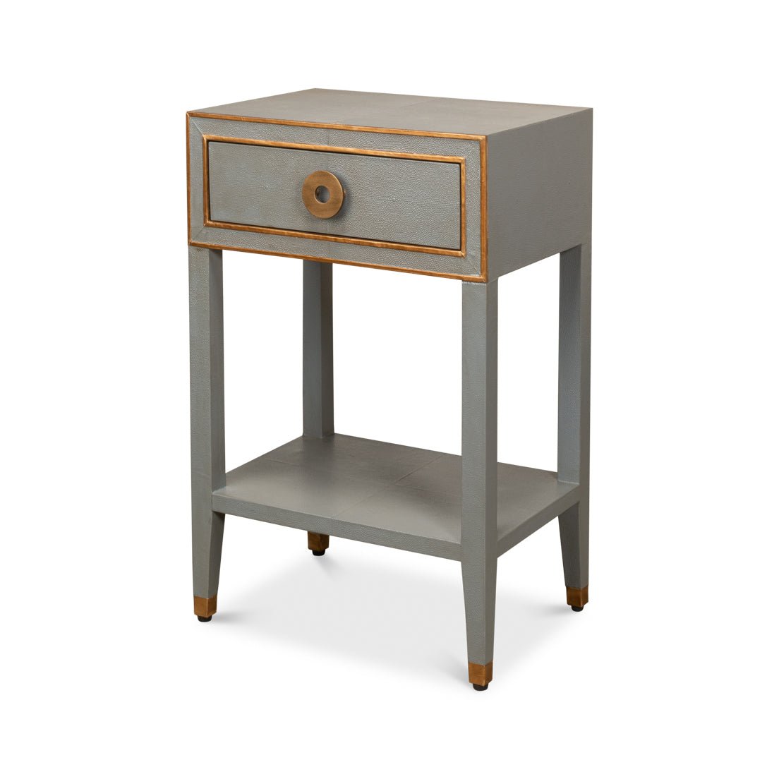 Art Deco grey nightstand with drawer and shelf.