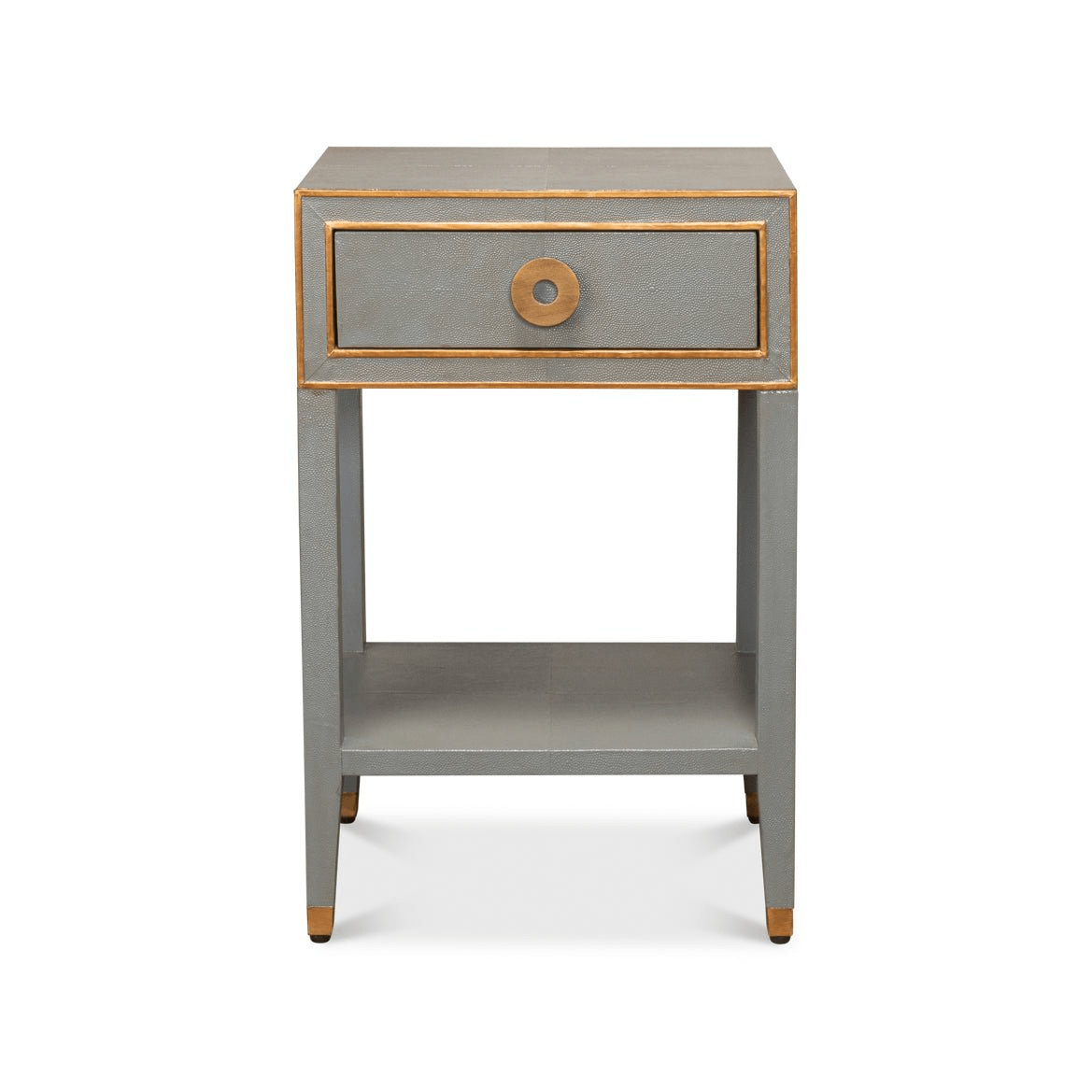 Front view of Art Deco grey nightstand.