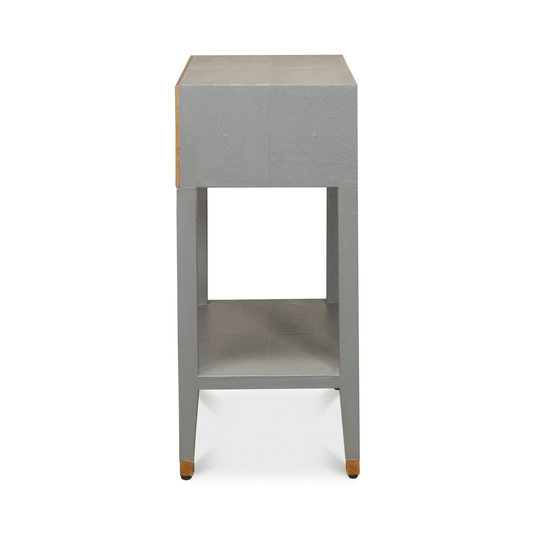 Side profile of Art Deco grey nightstand.