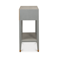 Side profile of Art Deco grey nightstand.