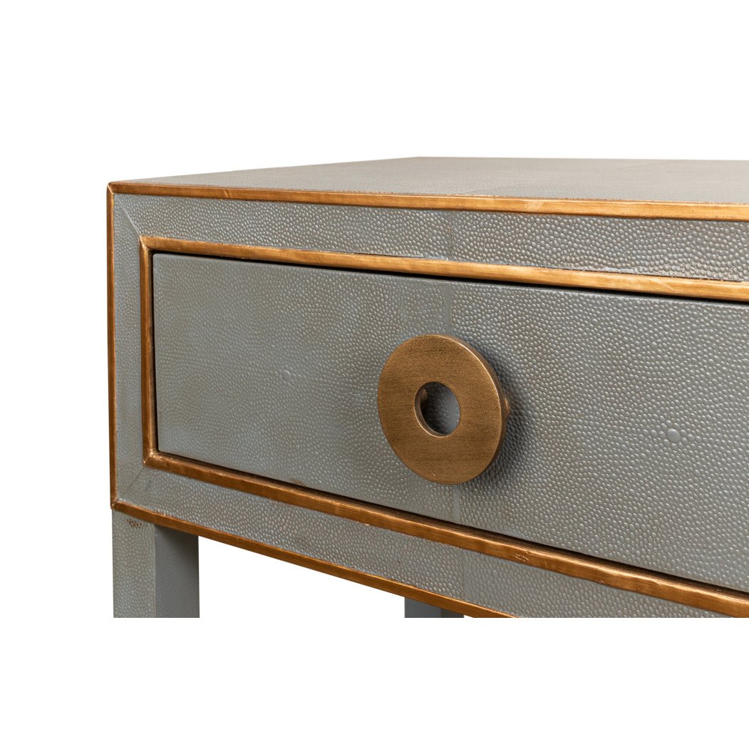Close-up of nightstand drawer and handle detail.