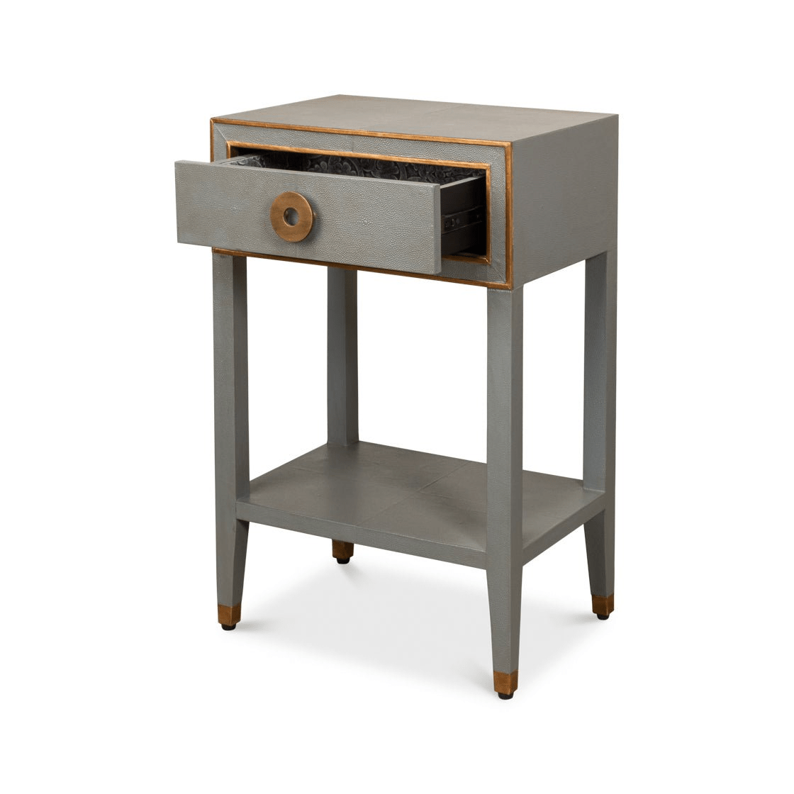 Side view with open drawer on grey nightstand.