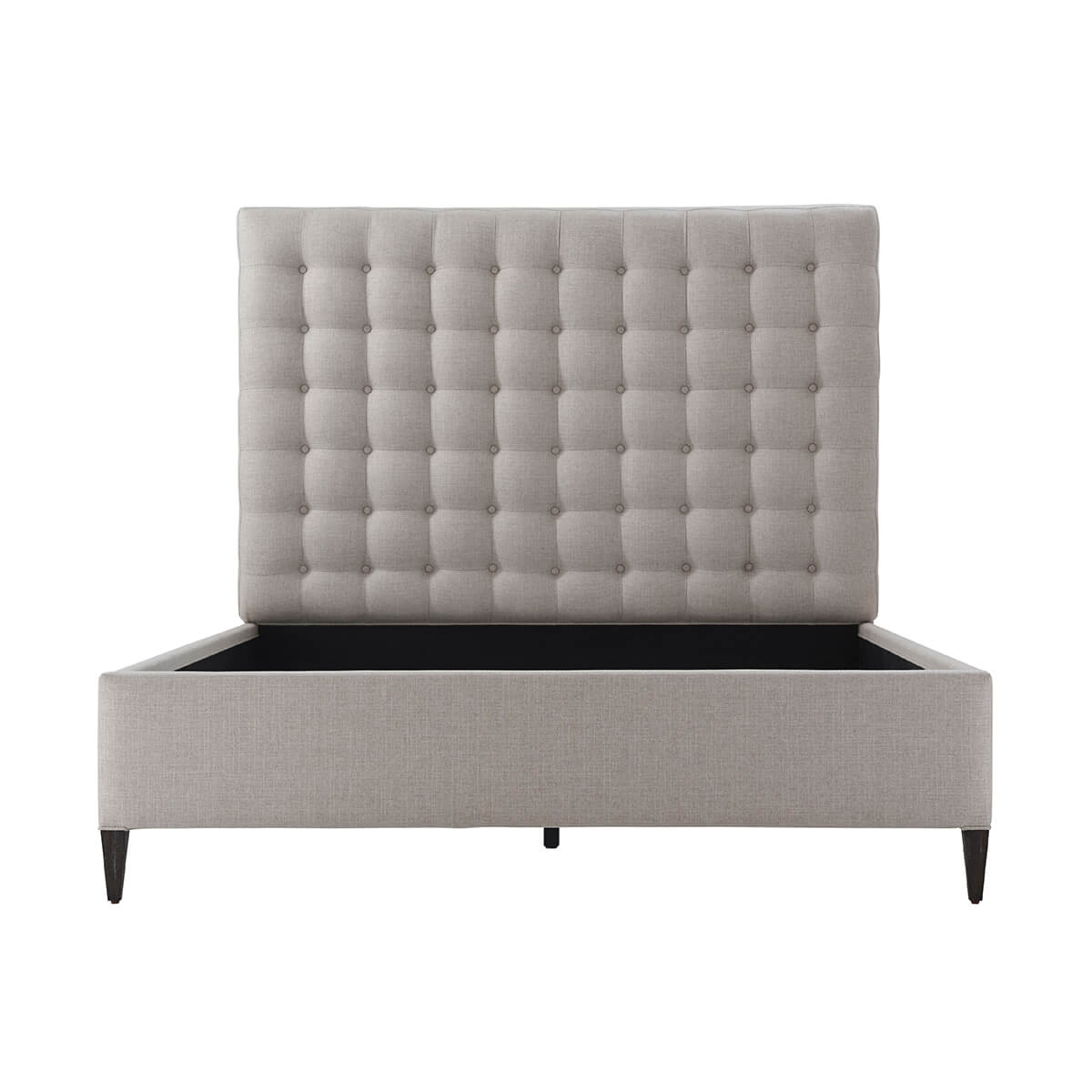 Front view of gray tufted queen bed frame.