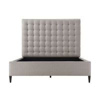 Front view of gray tufted queen bed frame.