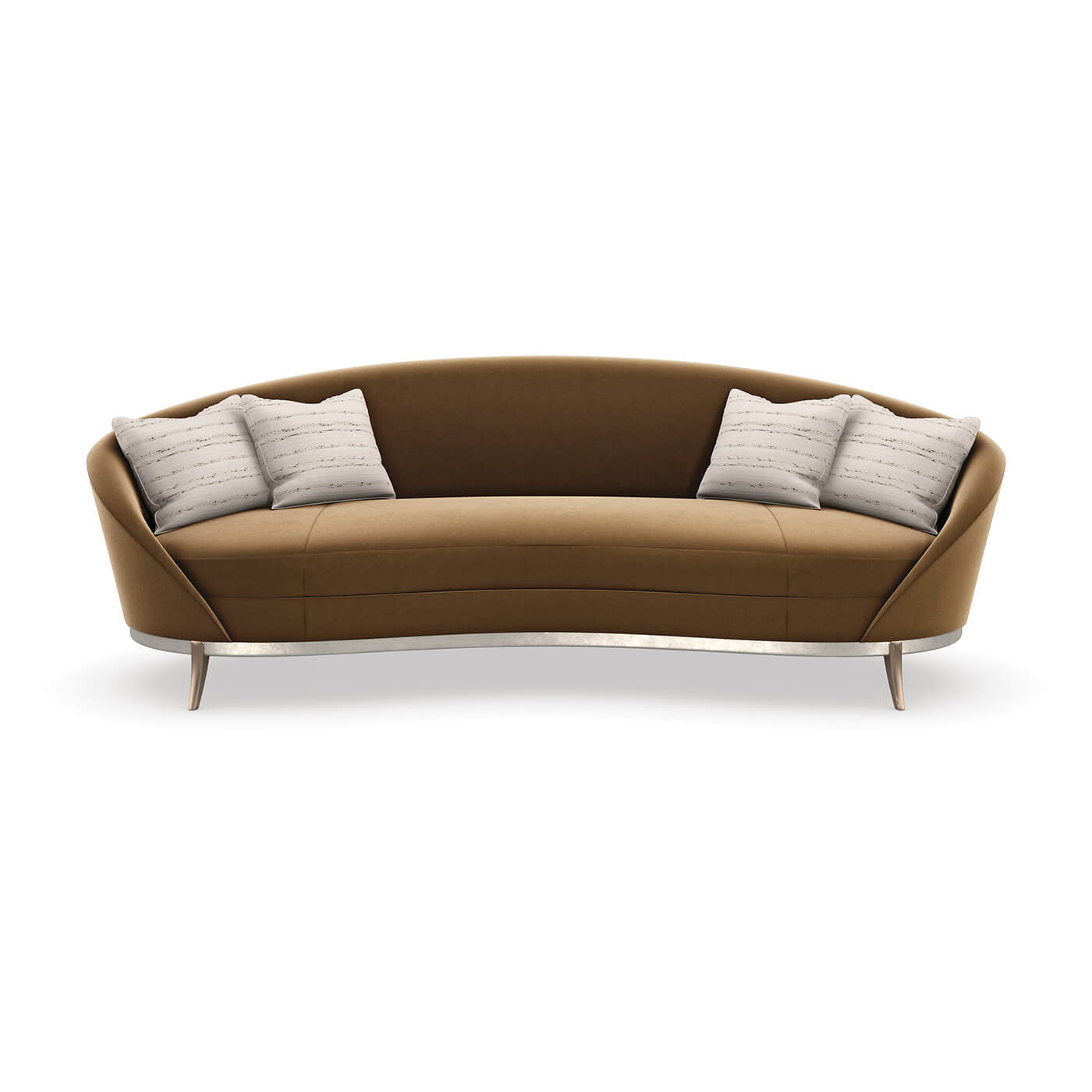 Brown kidney sofa with pillows, straight front view.