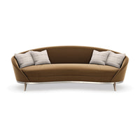 Brown kidney sofa with pillows, straight front view.