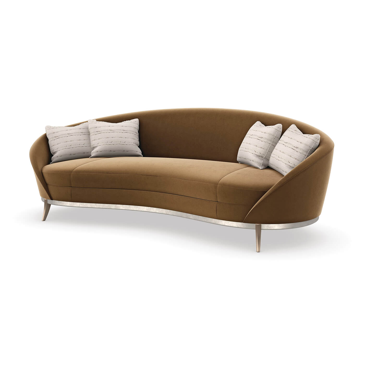 Curved kidney sofa with pillows, front angled view.