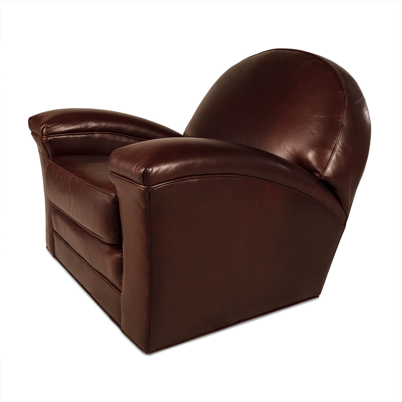 Angled front side view of leather club chair.