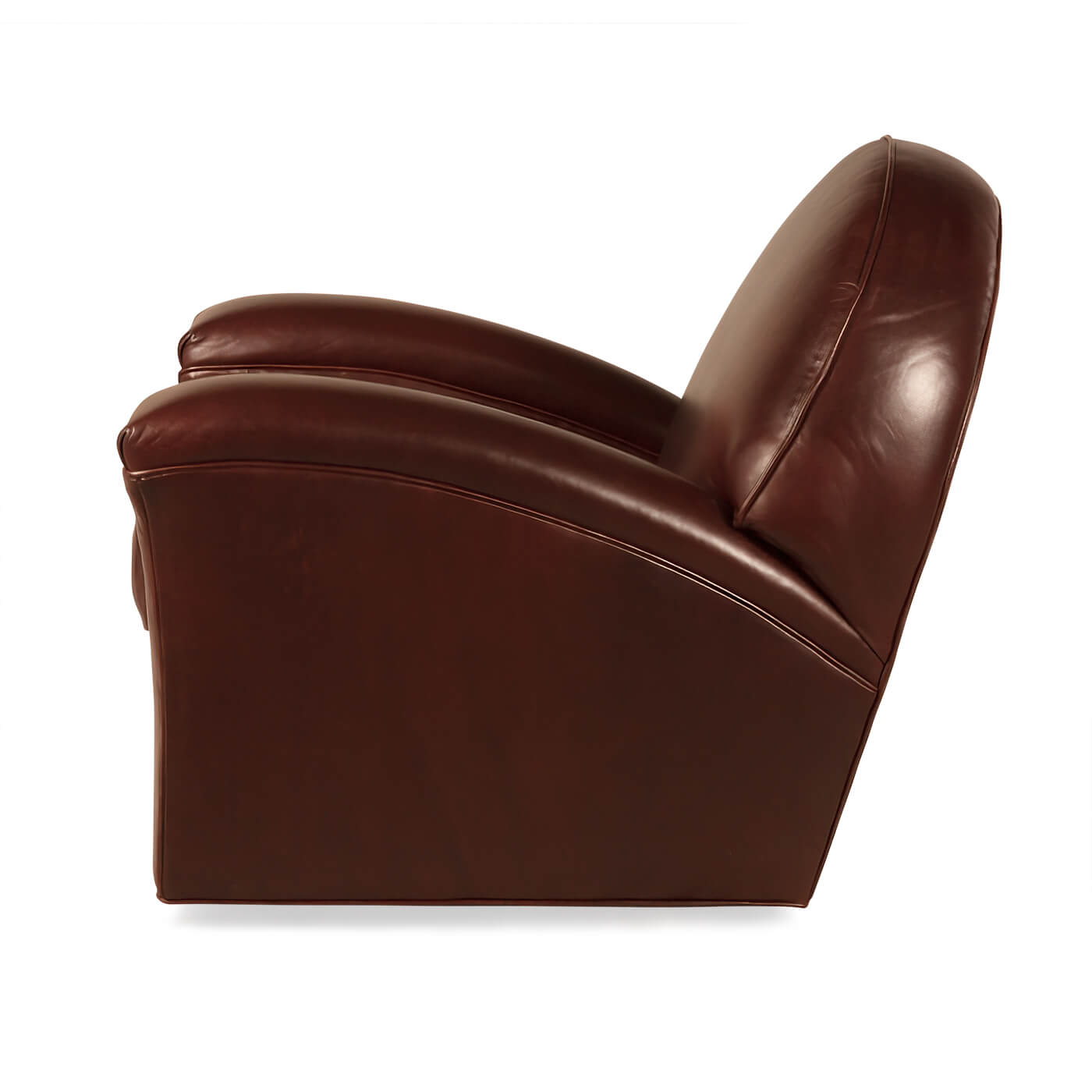 Side profile of Art Deco leather club chair.