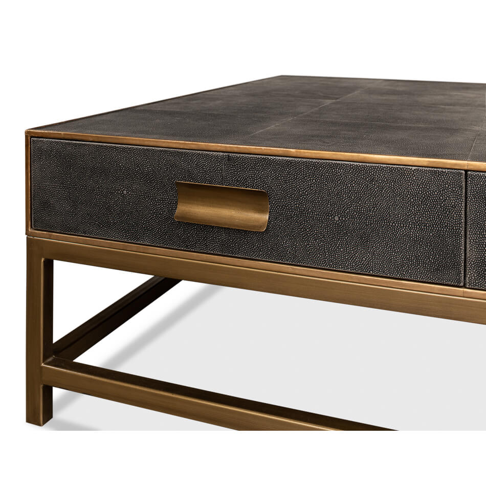 Close-up of drawer handle on coffee table.