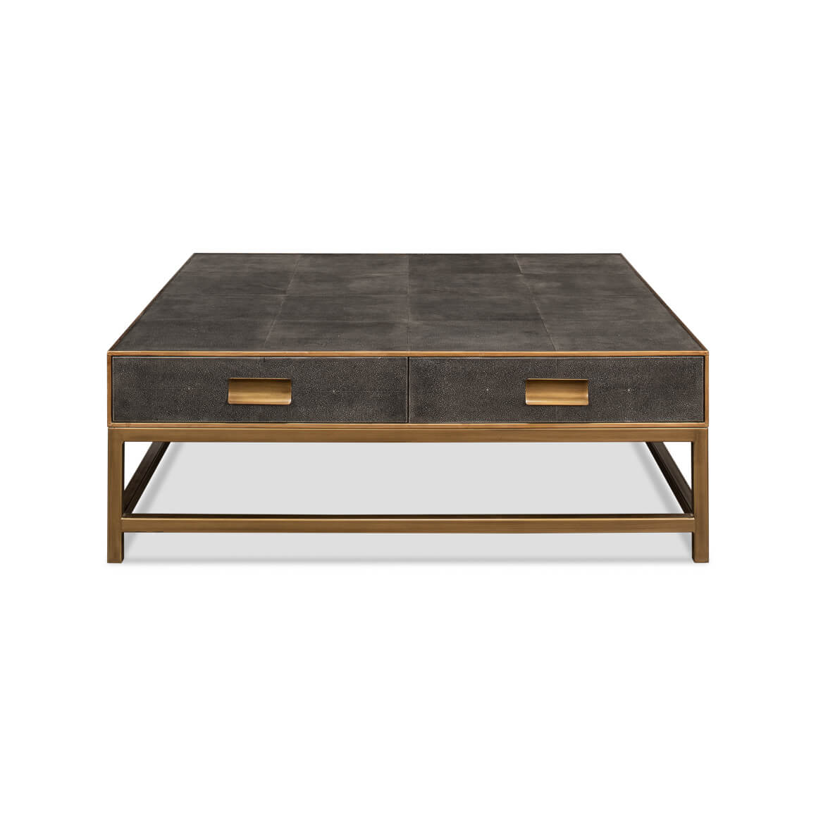 Front view of leather coffee table, gold accents.