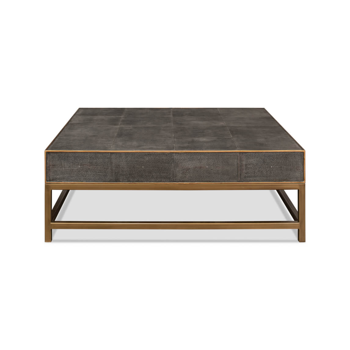 Rear view of leather coffee table, metal frame.