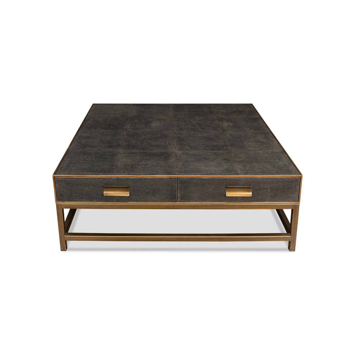 Straight front shot of leather coffee table.