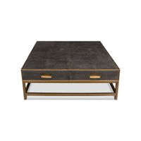 Straight front shot of leather coffee table.