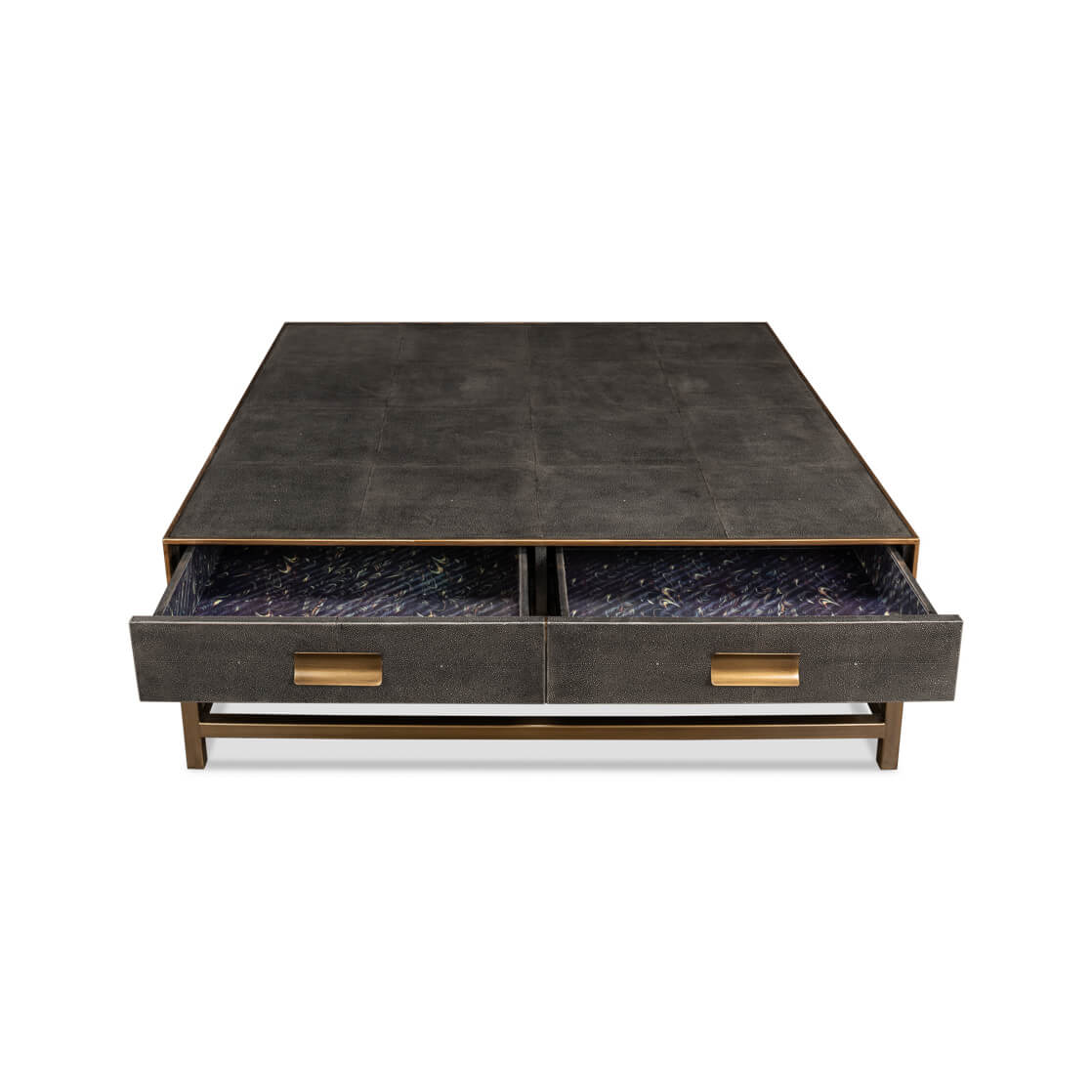 Leather coffee table with drawers open, interior view.