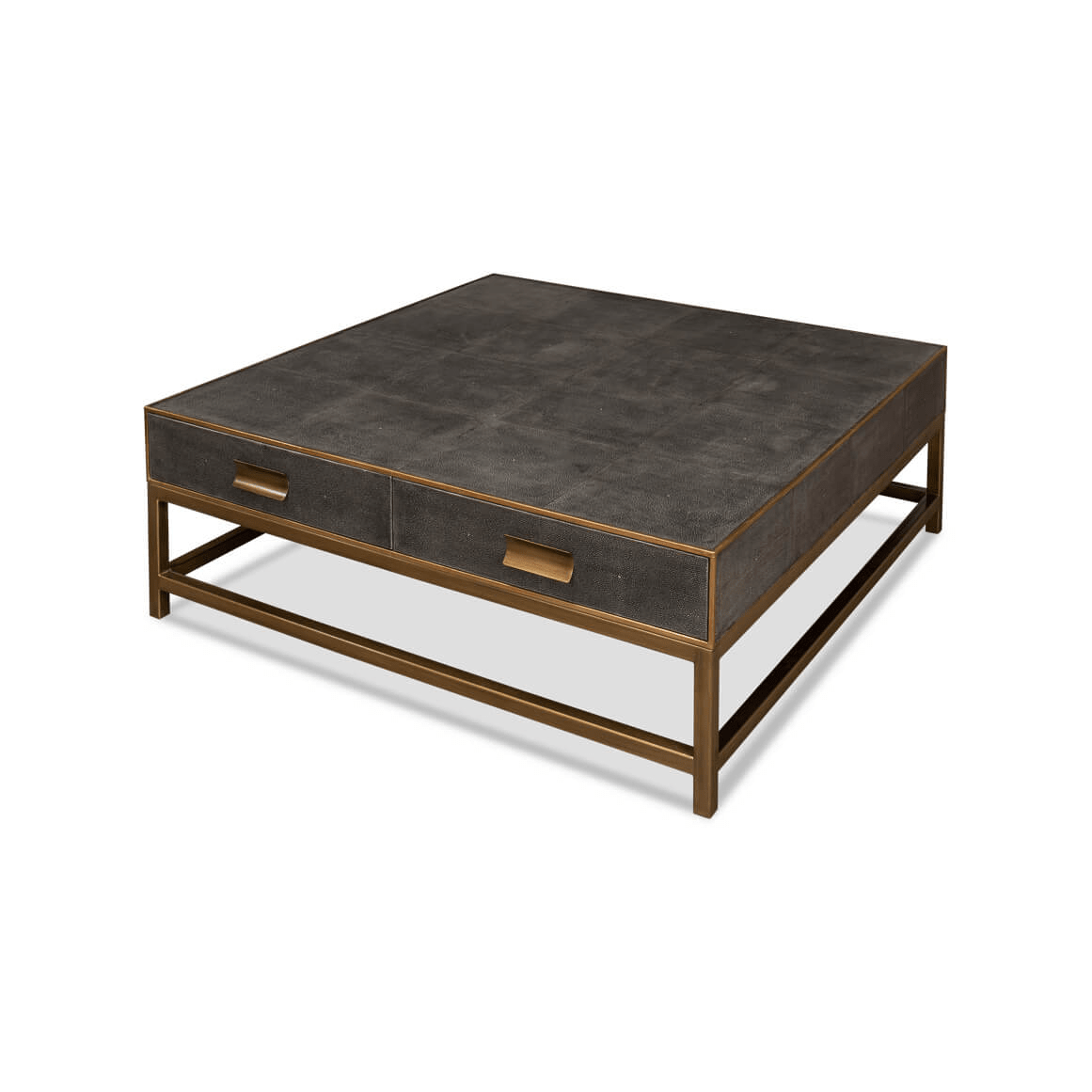 Leather coffee table, square shape, angled perspective.