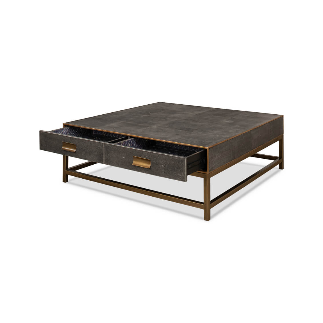 Coffee table with open drawers, revealing storage space.