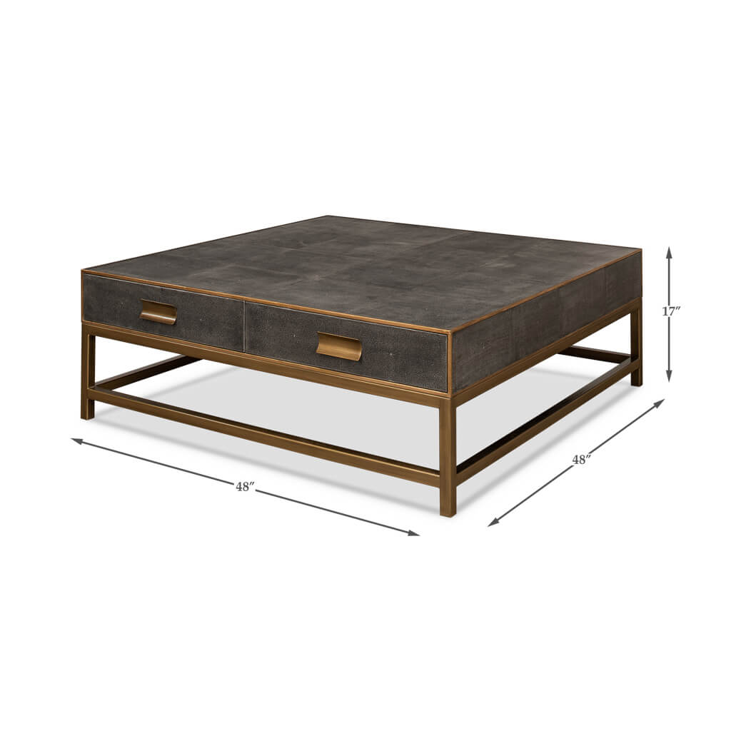 Dimensions shown for antique grey leather coffee table.
