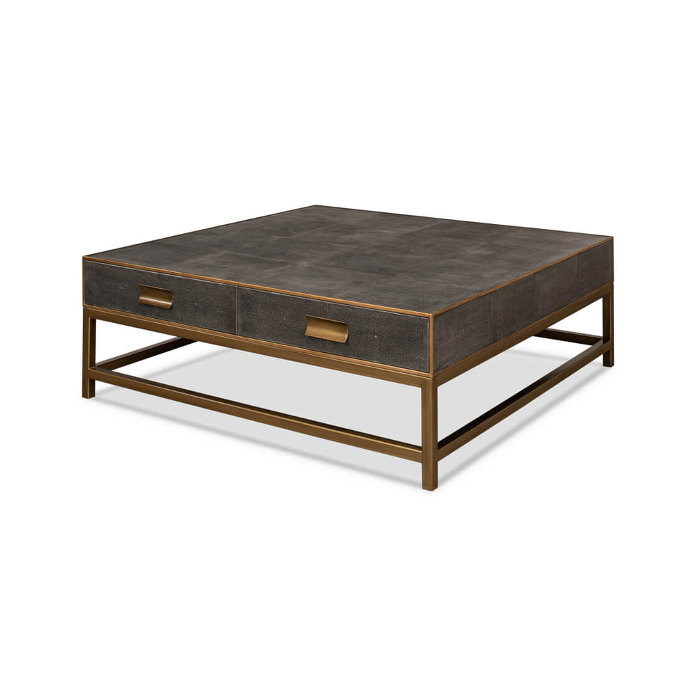 Leather coffee table angled view, antique grey finish.