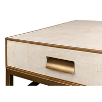 Close-up of coffee table drawer handle detail.
