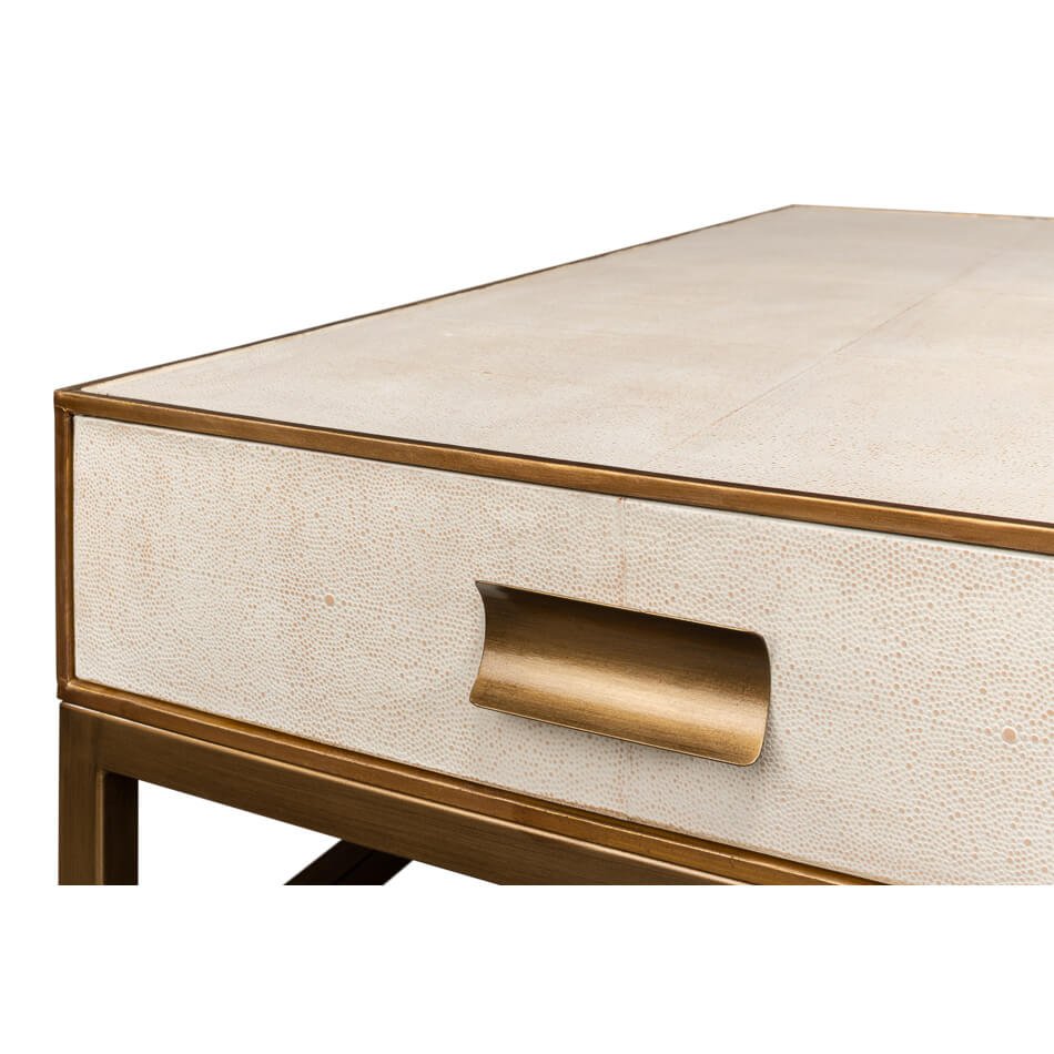Close-up of coffee table drawer handle detail.