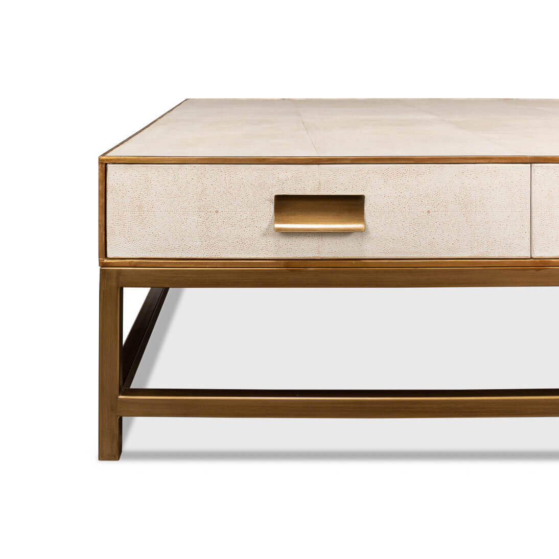 Partial side view highlighting drawer handle on coffee table.
