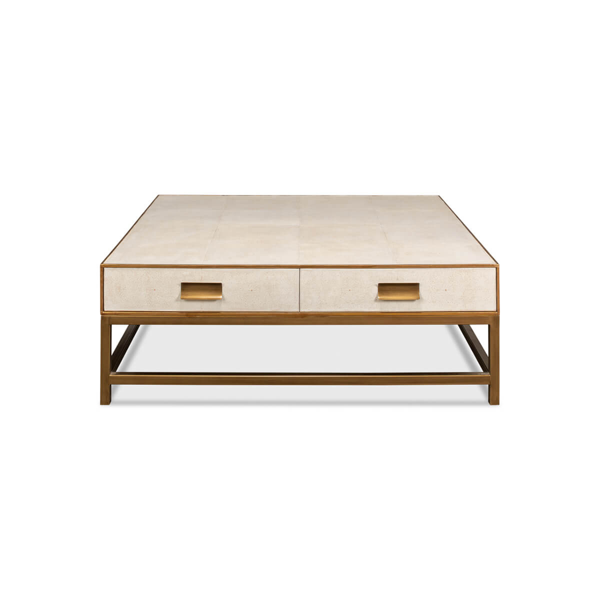 Front view of white leather coffee table with drawers.