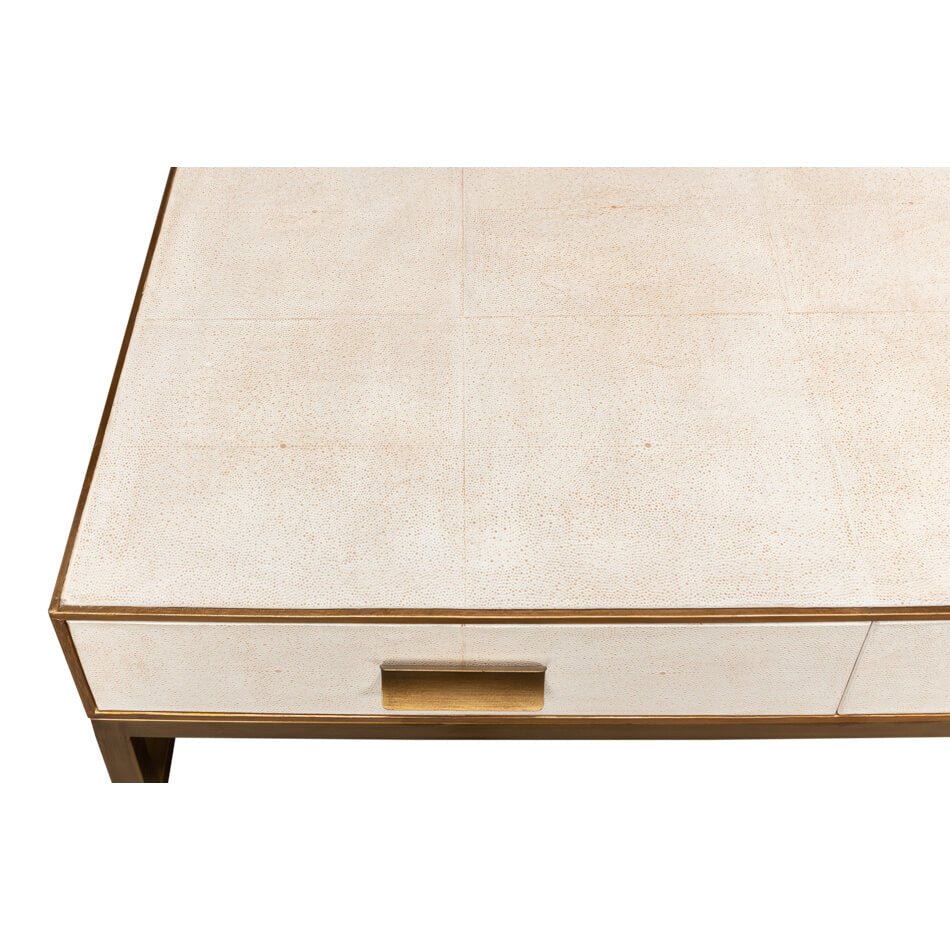 Top view showcasing coffee table's leather texture.