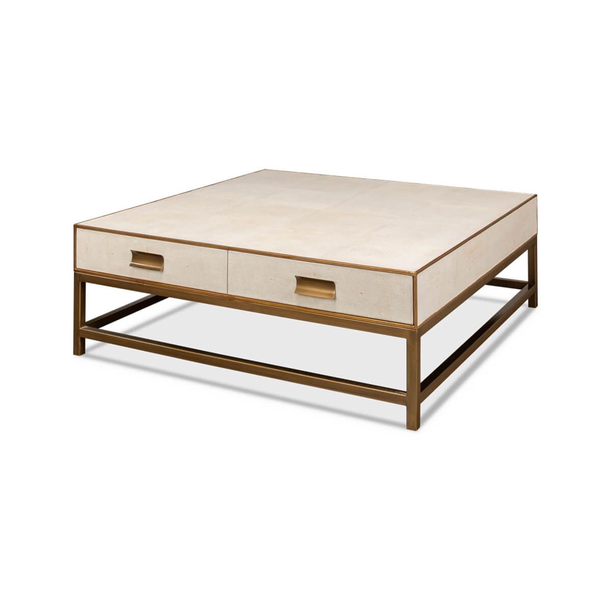 Square white coffee table with storage drawers view.
