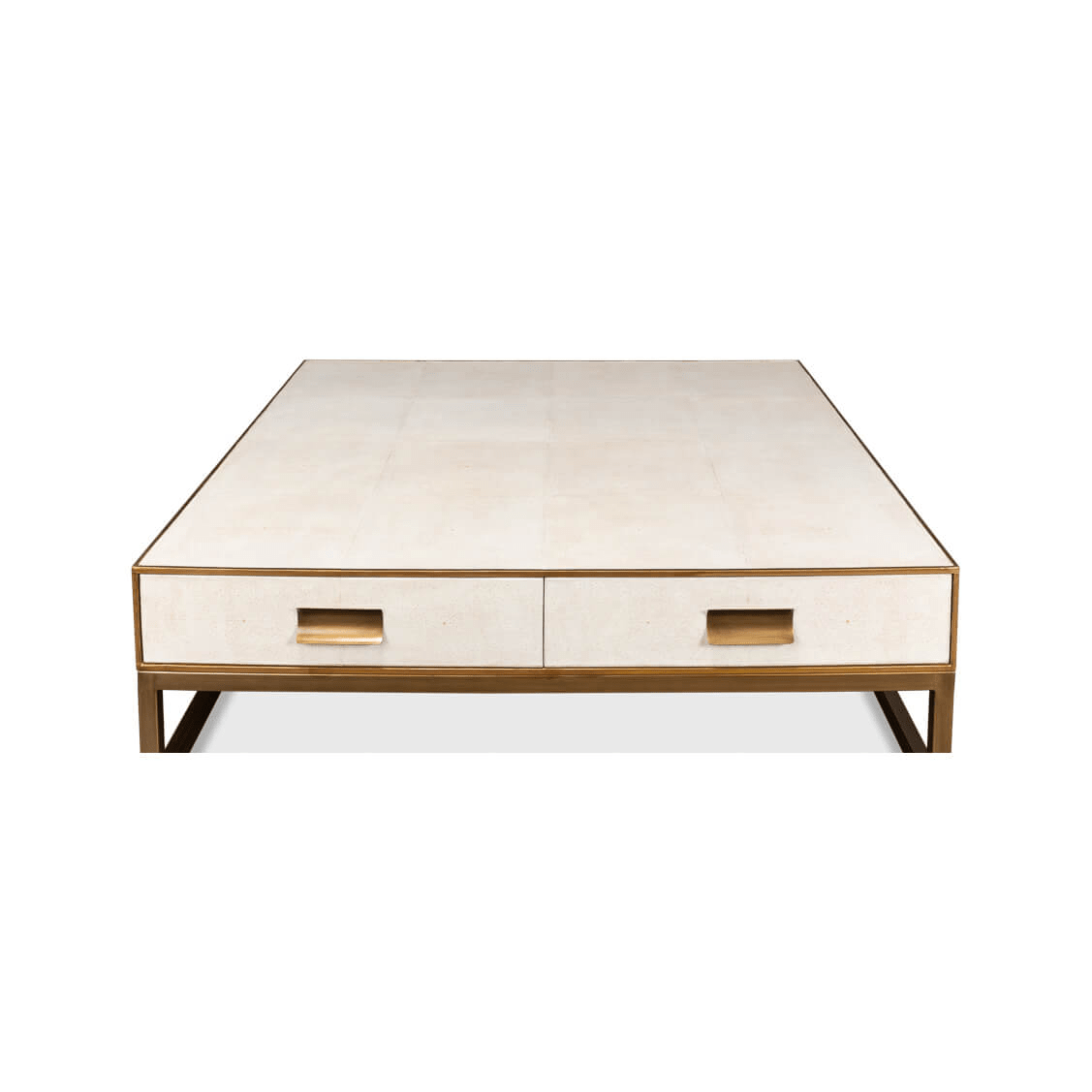 Straight front view of white coffee table with handles.