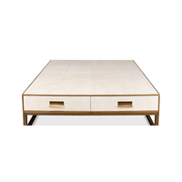 Straight front view of white coffee table with handles.