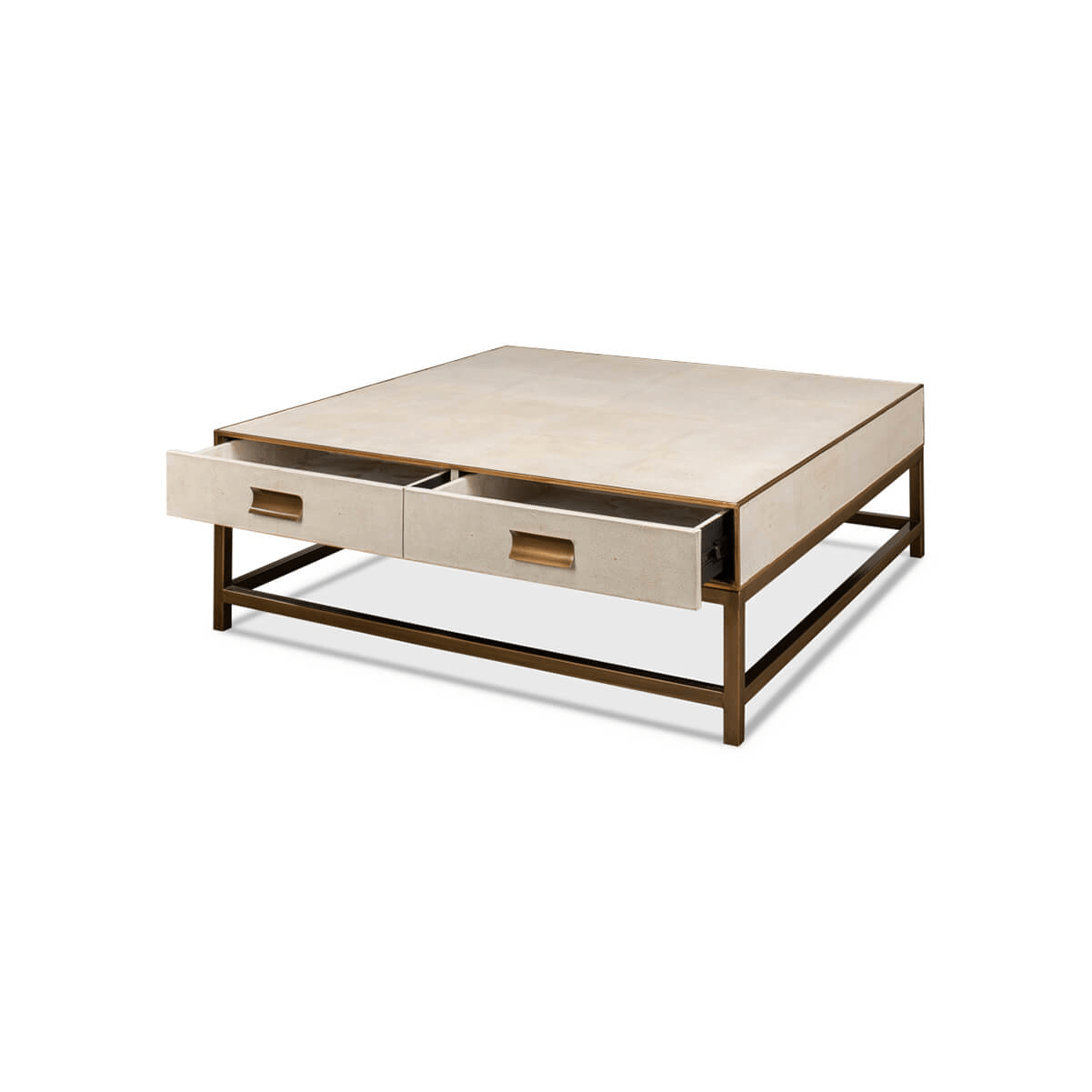 Perspective view of coffee table with both drawers open.