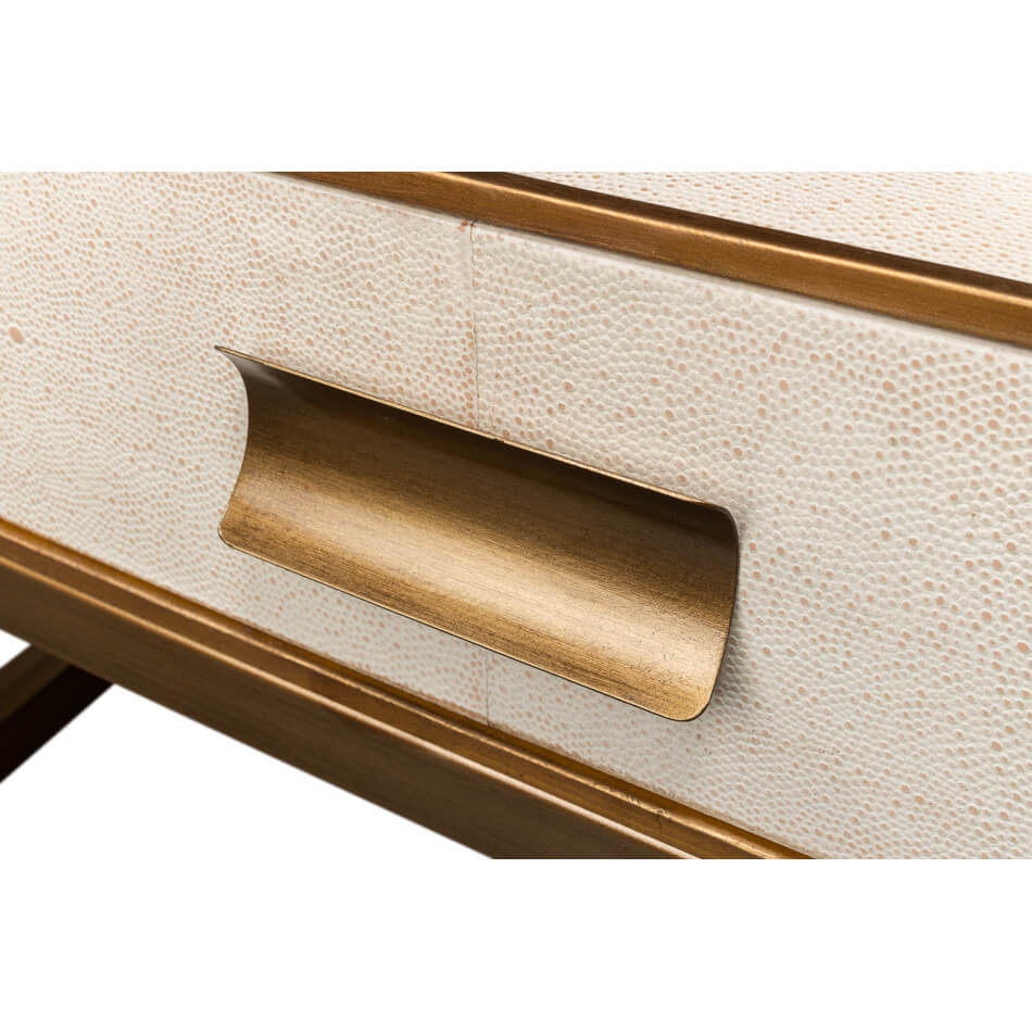 Detail of drawer handle on leather coffee table.