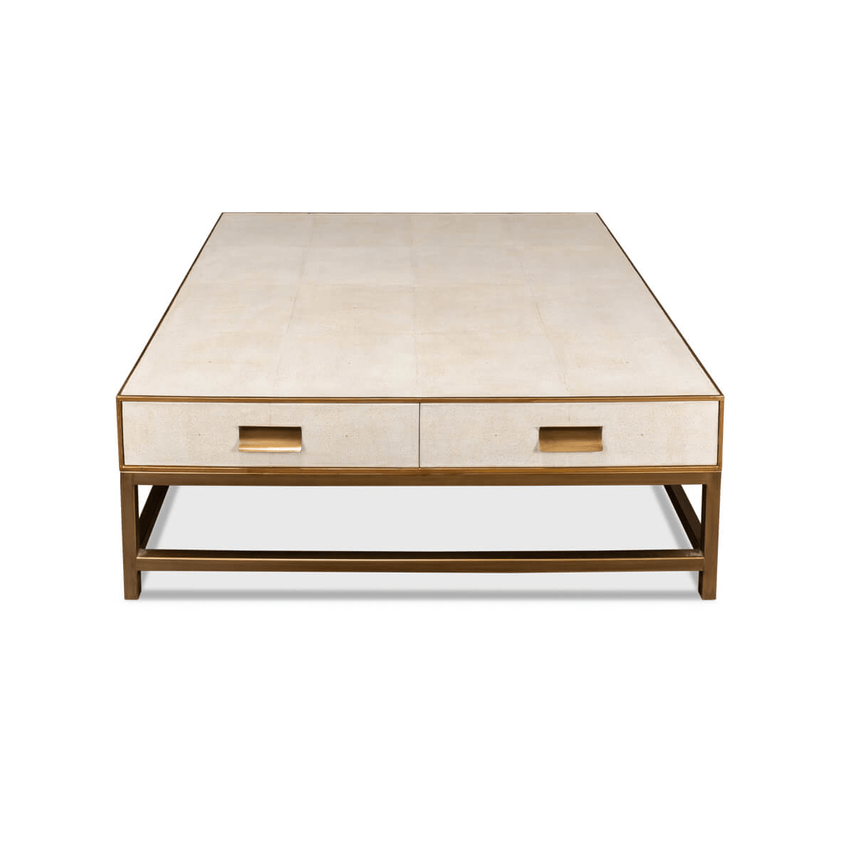 Full view of leather coffee table with brass accents.