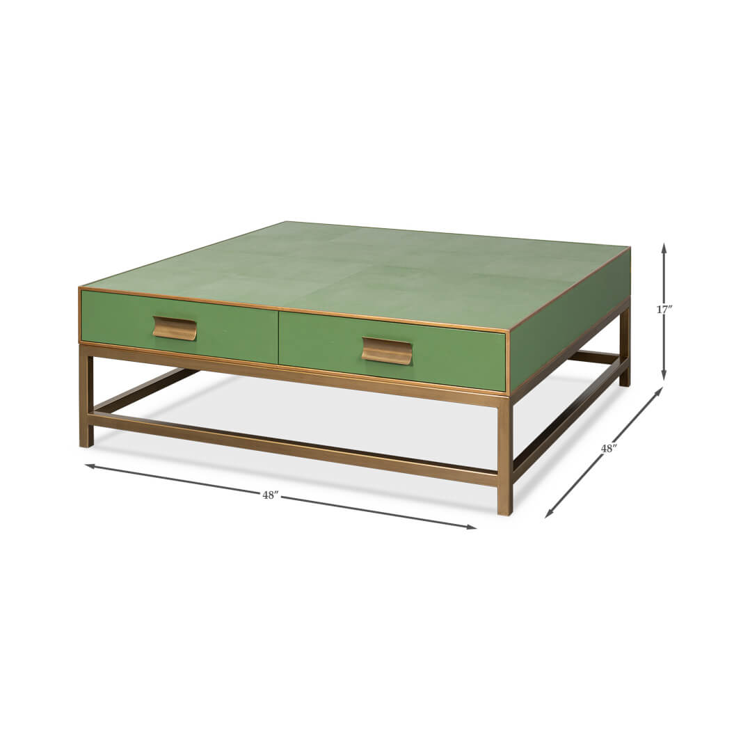 Green coffee table with dimensions, angled view