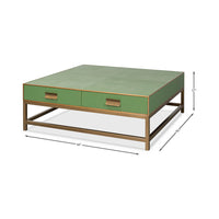 Green coffee table with dimensions, angled view