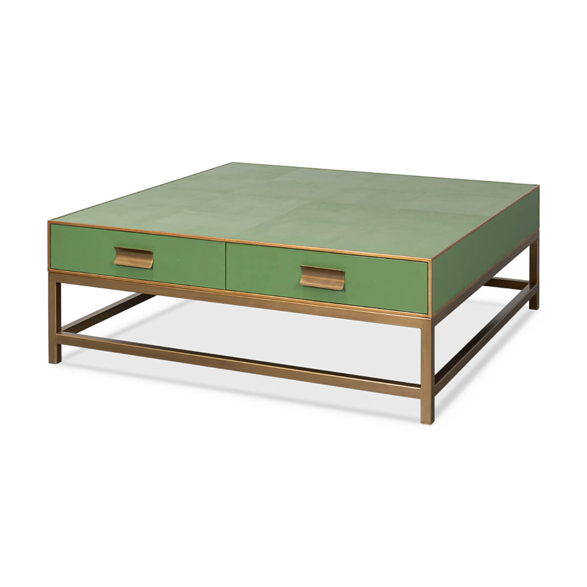 Green leather coffee table, angled front view