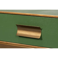 Close-up of unique drawer handle on green table