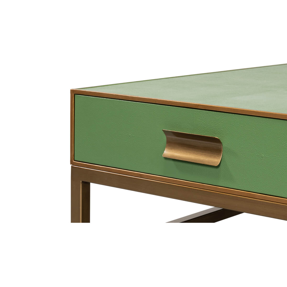 Green table corner with brass handle detail