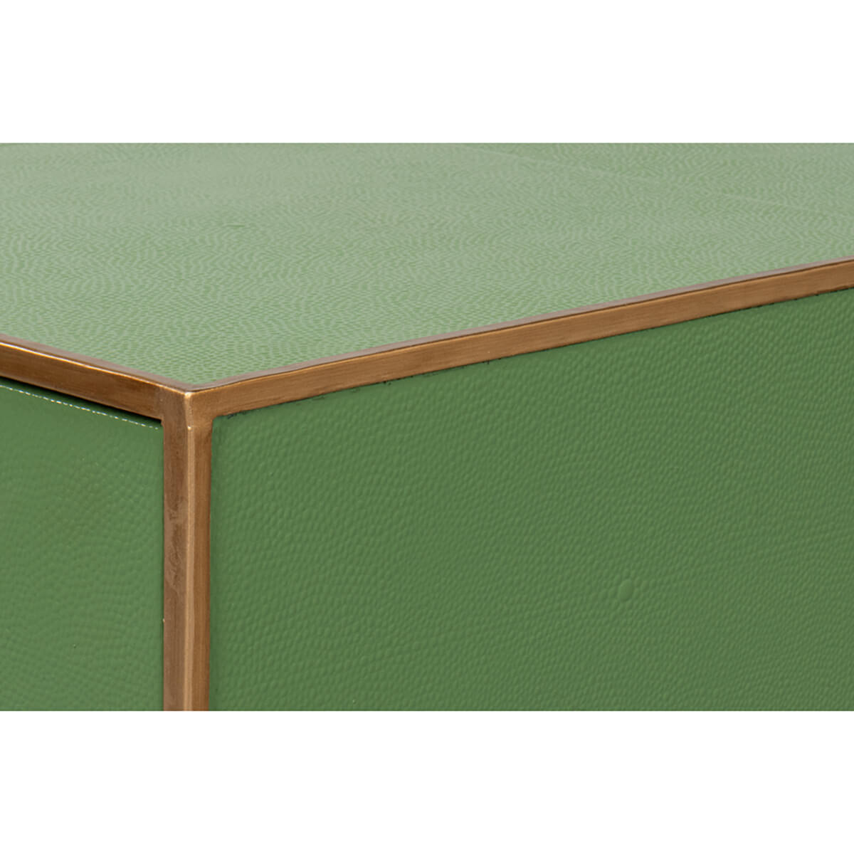 Edge detail of green table with brass frame