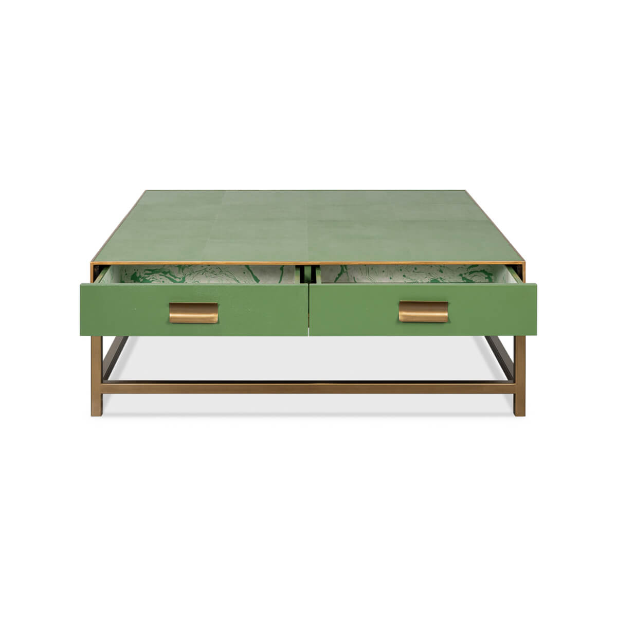 Green table open drawers, close-up with marble interior