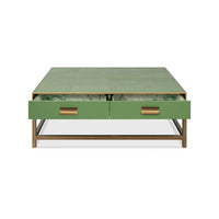Green table open drawers, close-up with marble interior